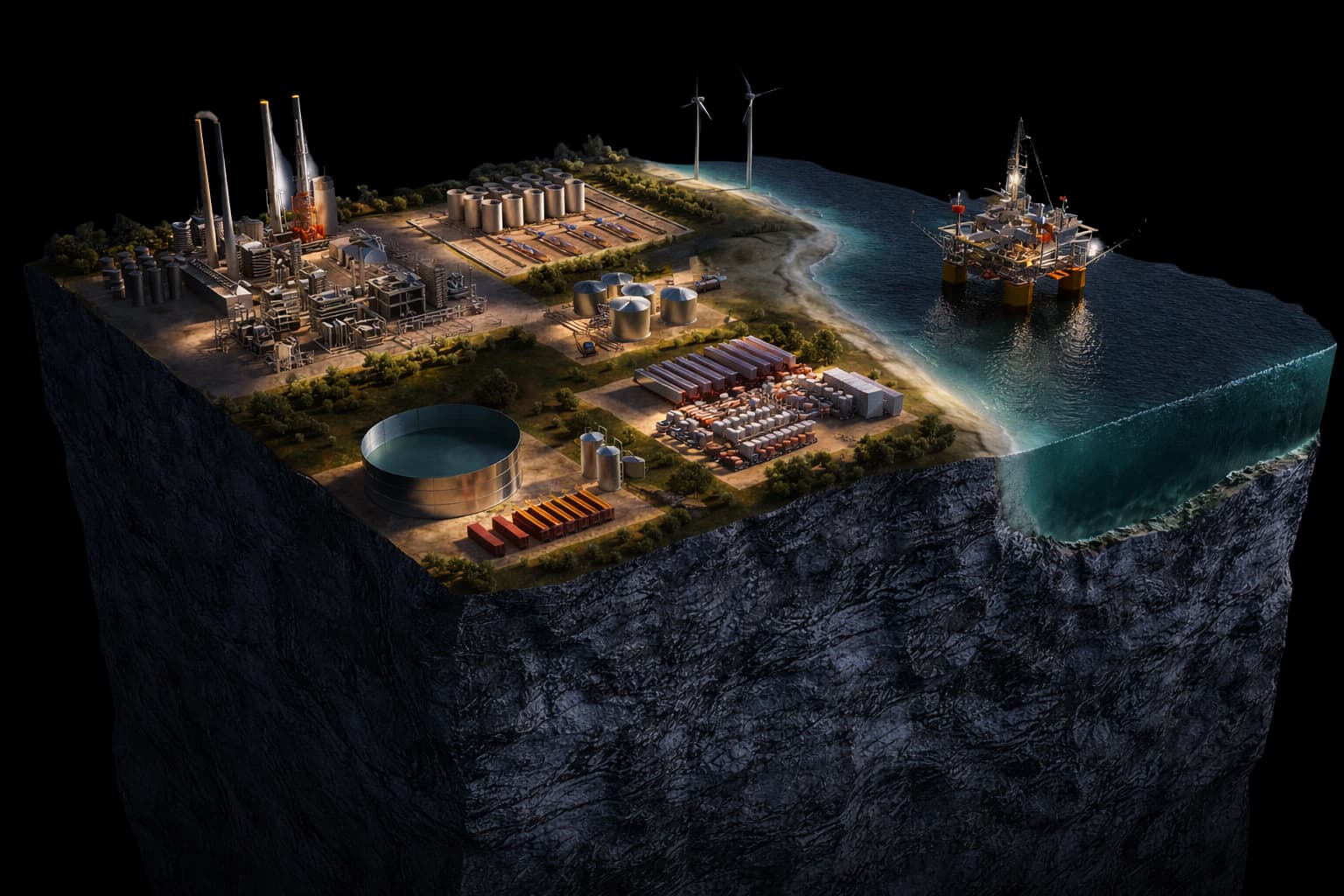 Energy infrastructure diorama: refinery, tank farm, wind turbines, offshore platform